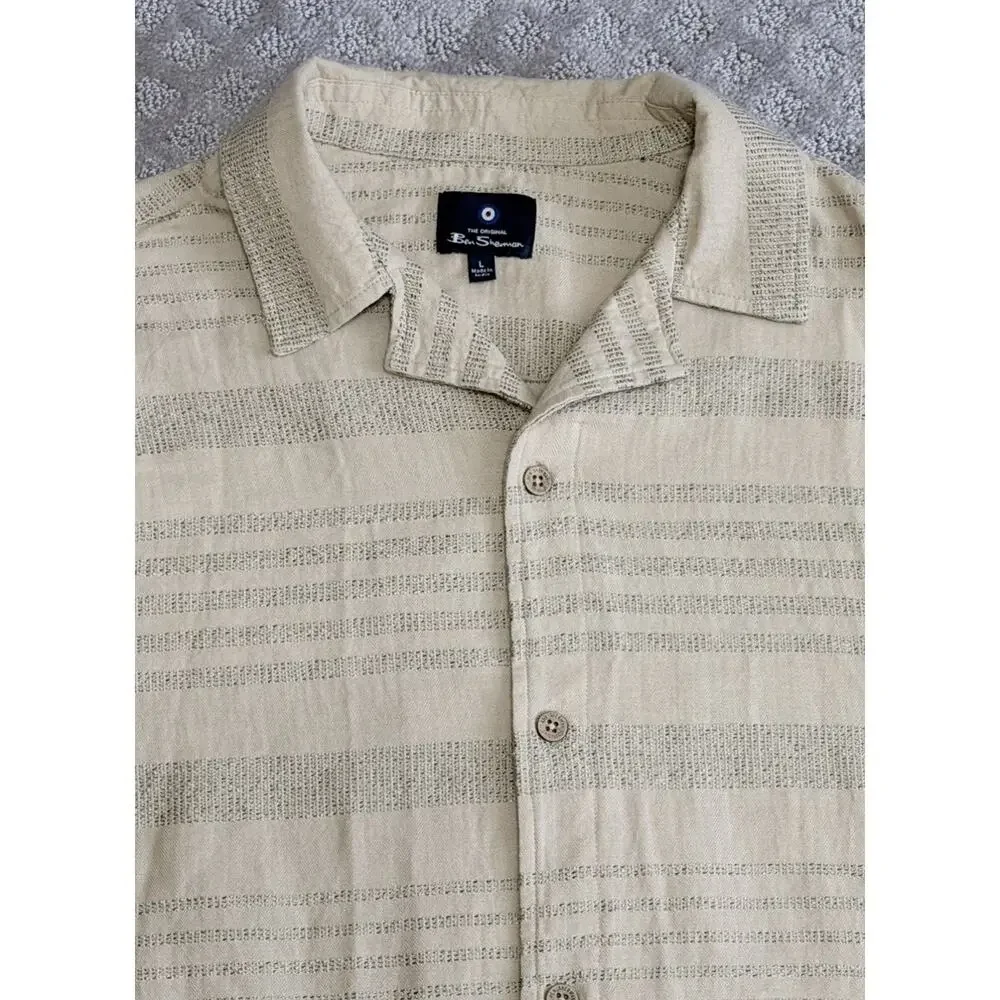 Ben Sherman Safari Camp Shirt Tan Textured Mens Size Large Beach Vacation EUC